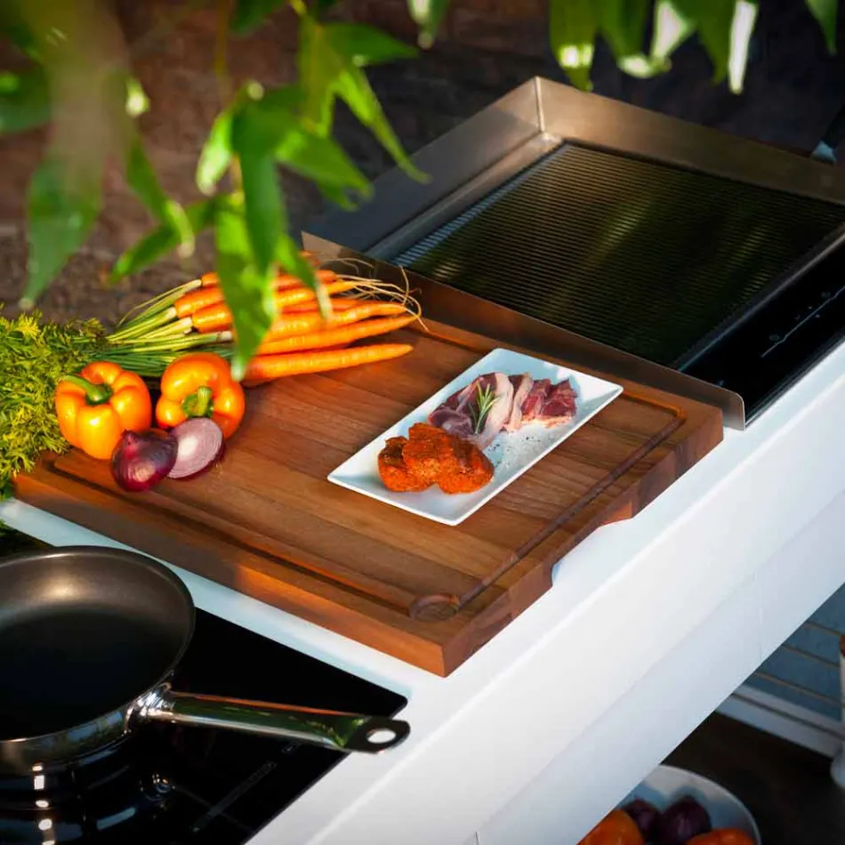 Moderne keuken op wielen voor tuin in hout en staal - Calliope Viadurini