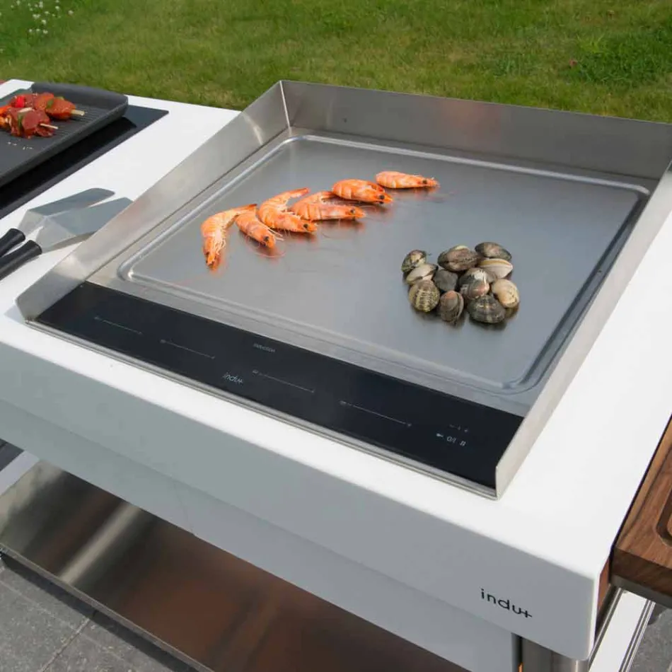 Moderne keuken op wielen voor tuin in hout en staal - Calliope Viadurini