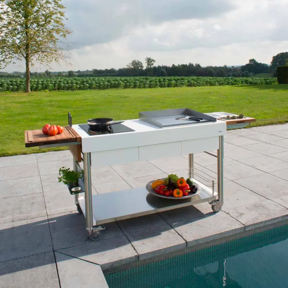Moderne keuken op wielen voor tuin in hout en staal - Calliope Viadurini