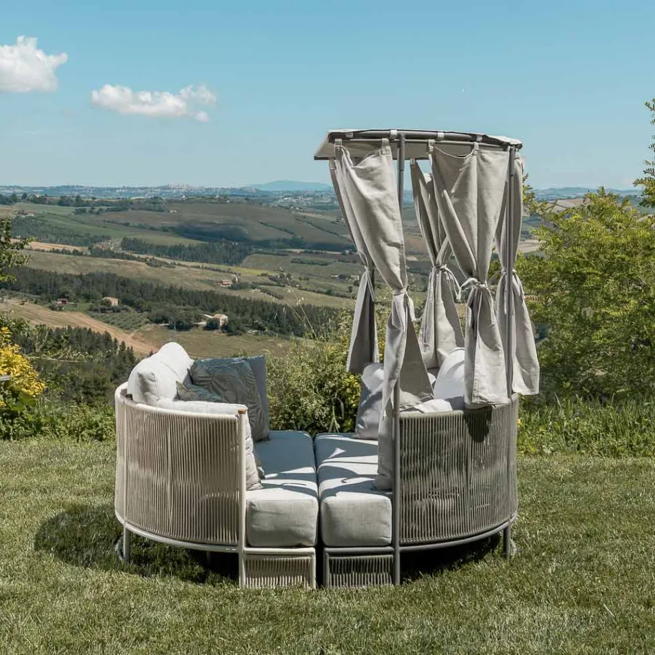 Teak, aluminium, touw + touw tuinligbed met kussens - Arcangelo Viadurini