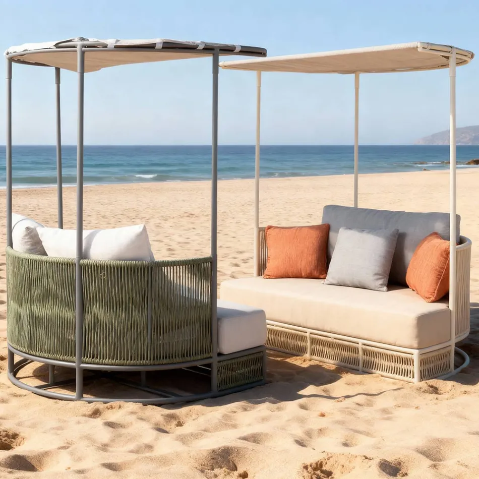 Teak, aluminium, touw + touw tuinligbed met kussens - Arcangelo Viadurini