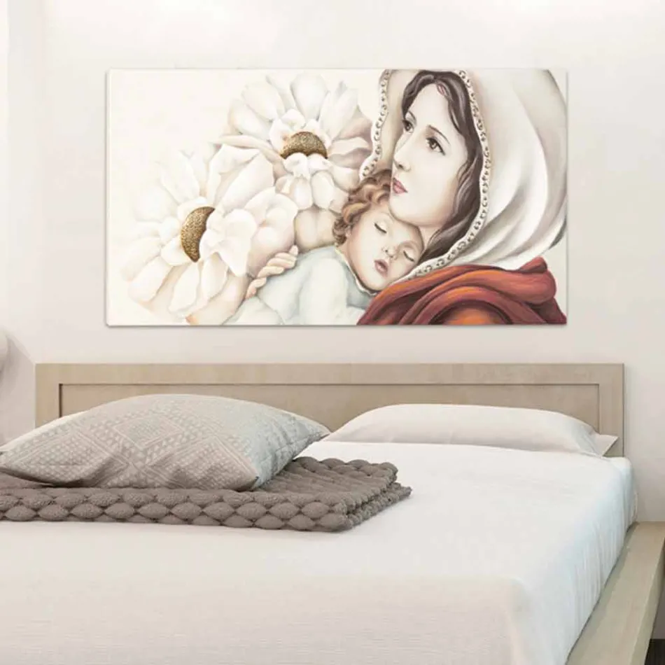 Moderne moeder schilderij met kind decoraties in Scott bladgoud Viadurini