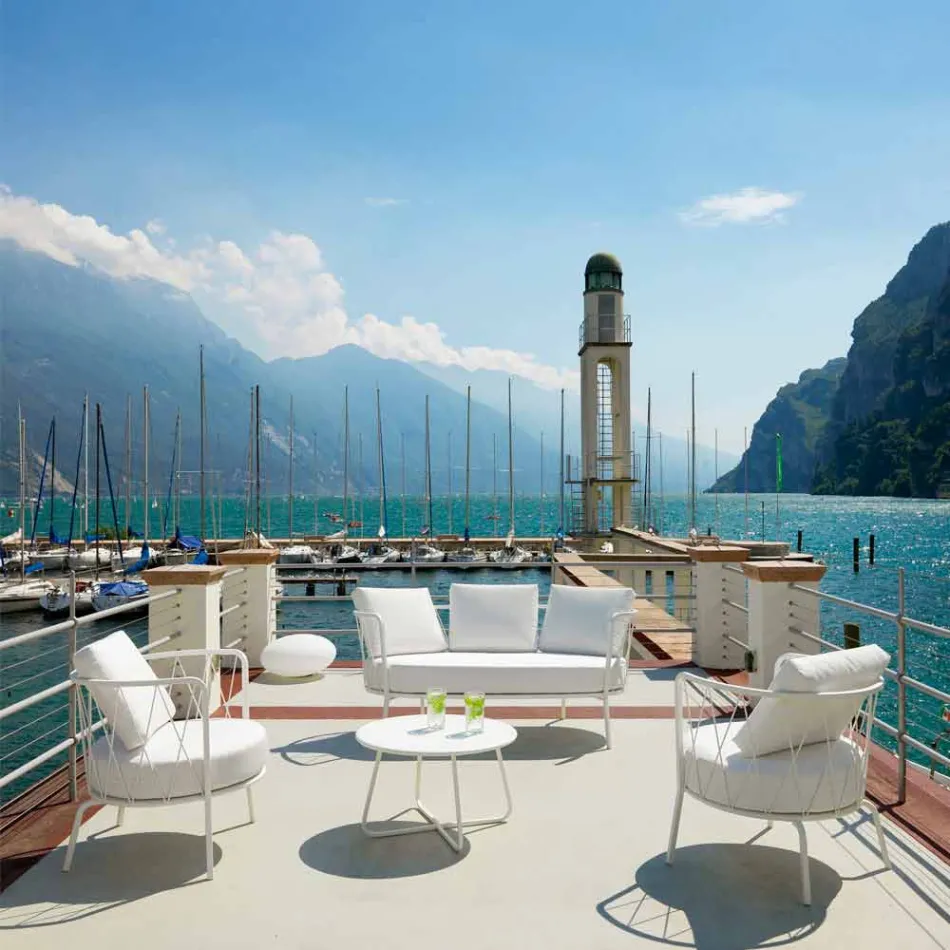 2-zits buitenbank van metaal en stof met kussens Made in Italy - Olma Viadurini