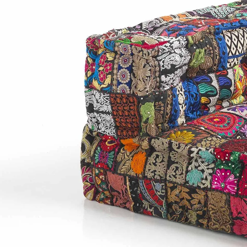 Gewatteerde tweezitsbank in patchwork en hout - vezel Viadurini