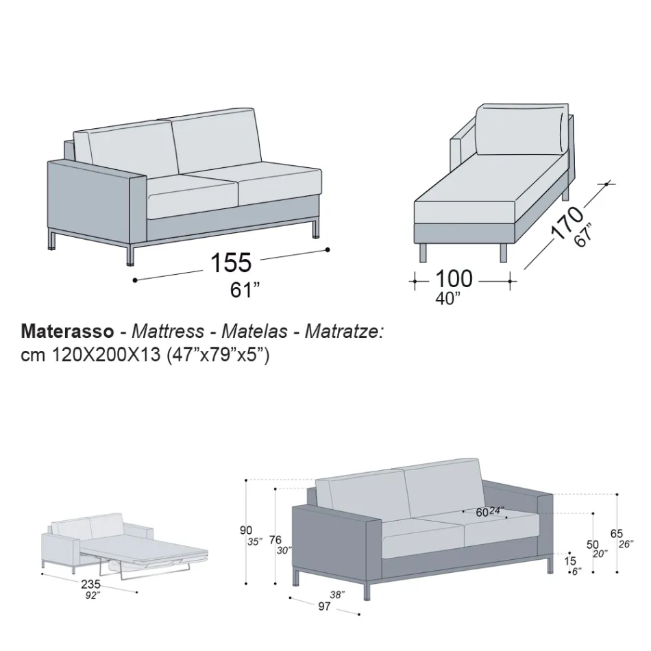 Slaapbank met schiereiland van metaal en polyurethaan Made in Italy - Folle Viadurini