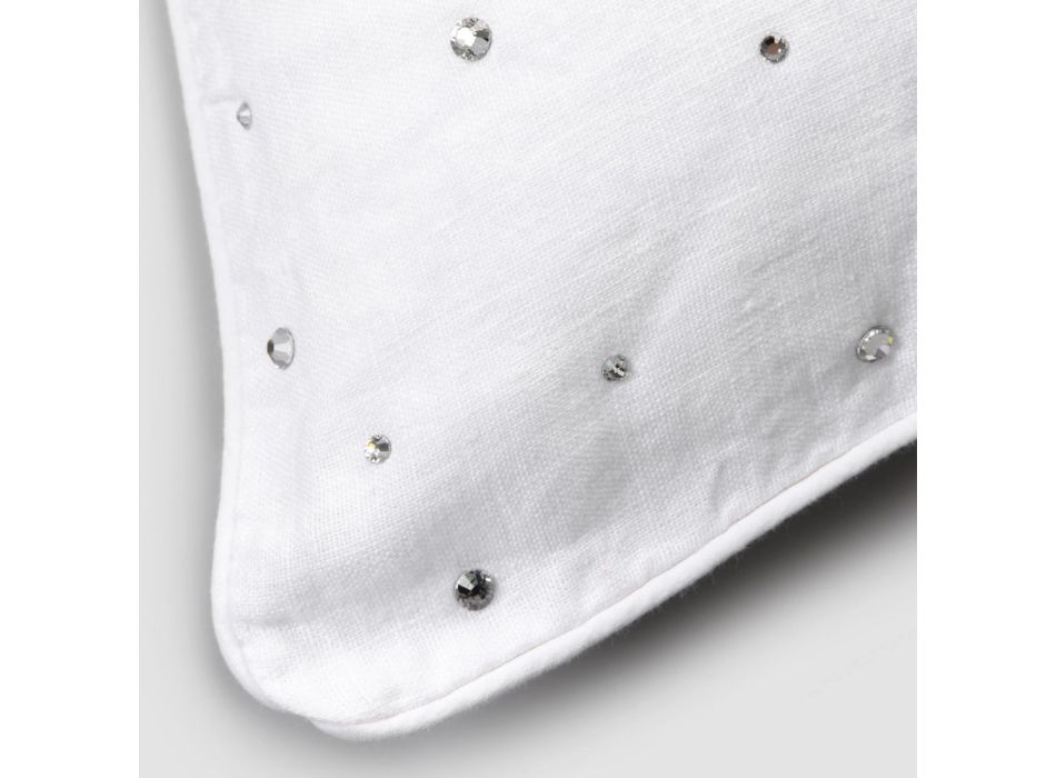 Kussensloop van wit linnen met rechthoekige decoratiekristallen - Cenerella Viadurini