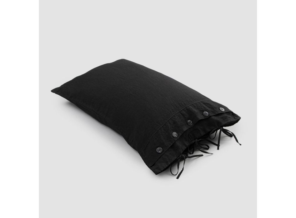 Rechthoekig bedkussensloop van wit of zwart linnen met knopen en veters - Agora Viadurini
