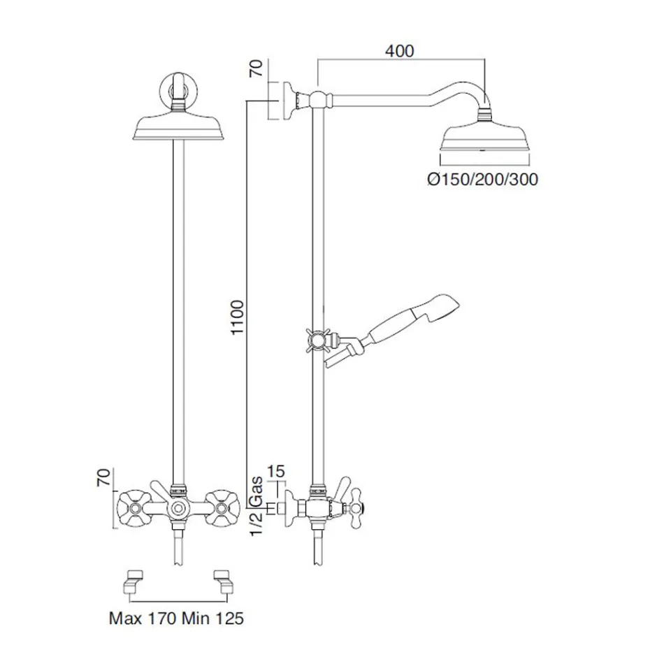 Classic Duplex Messing Douchegroep met Douchekop 3 Maten - Ercolina Viadurini