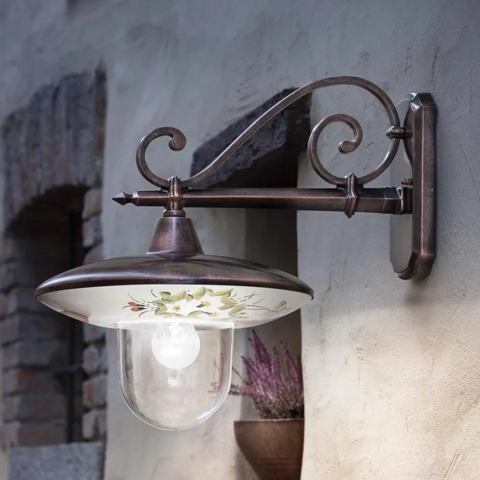 Tuinwandlamp in zwart aluminium handgeschilderde bloemen - Latin Viadurini