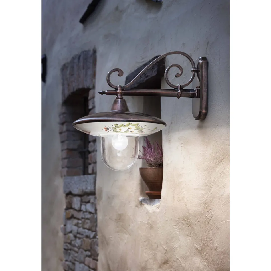 Tuinwandlamp in zwart aluminium handgeschilderde bloemen - Latin Viadurini