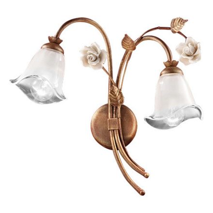 Wandlamp 2-lichts in ijzer en glas met roos in keramiek - Siena Viadurini