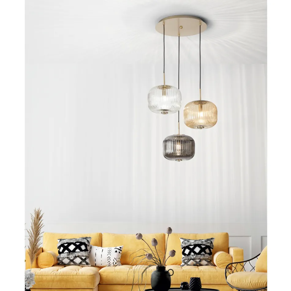 Hanglamp 3-lichts in gekleurd geblazen glas en metaal - Trissa Viadurini