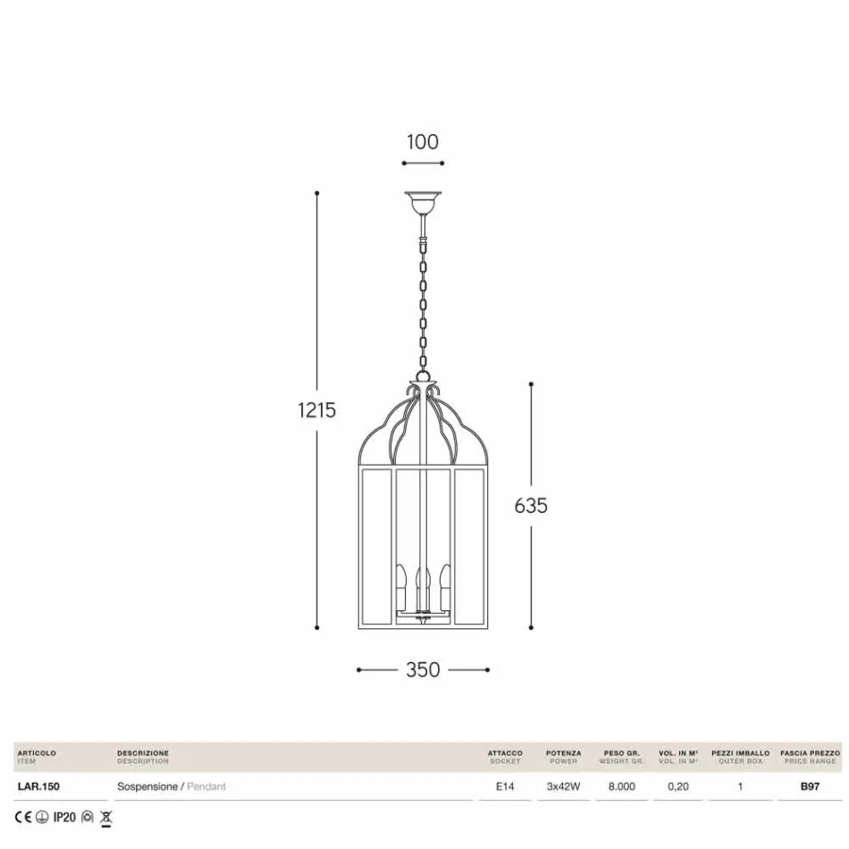 Hanglamp 3 lampjes koper en glas Turandot Viadurini
