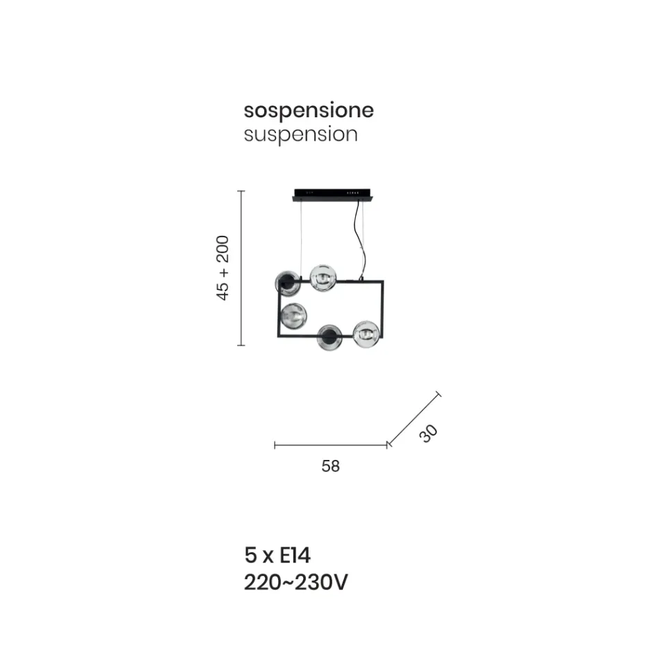 Hanglamp met 5 lampjes in metaal en modern geblazen glas - Birga Viadurini