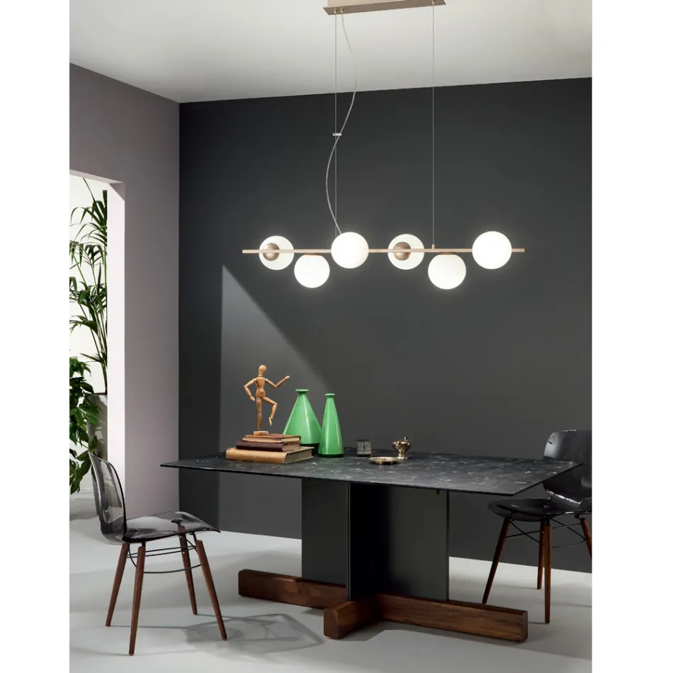 Hanglamp met 6 lampjes in metaal en modern geblazen glas - Birga Viadurini