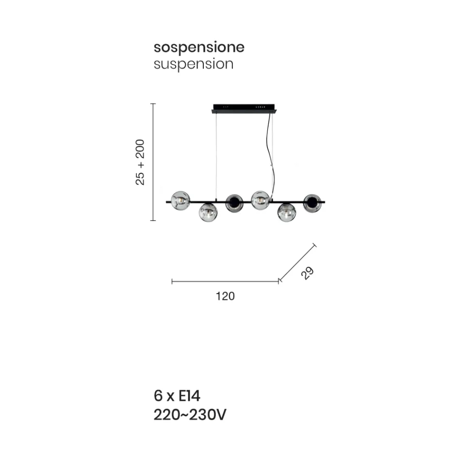 Hanglamp met 6 lampjes in metaal en modern geblazen glas - Birga Viadurini