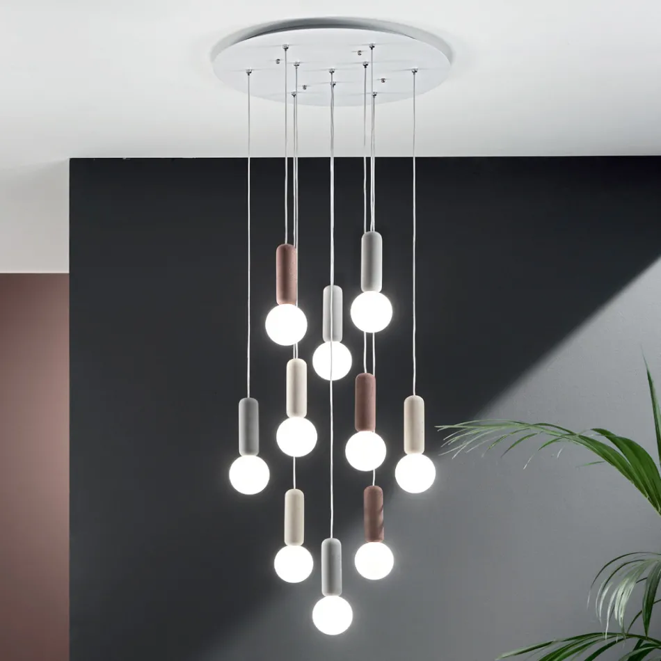 Hanglamp met 6 of 10 lampjes in cement en geblazen glas - Duster Viadurini
