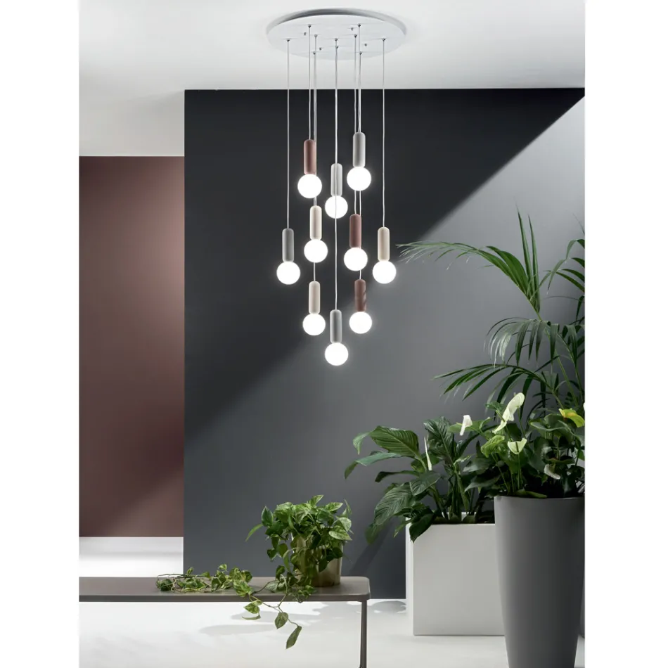 Hanglamp met 6 of 10 lampjes in cement en geblazen glas - Duster Viadurini