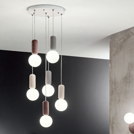 Hanglamp met 6 of 10 lampjes in cement en geblazen glas - Duster Viadurini