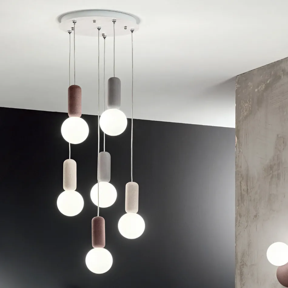 Hanglamp met 6 of 10 lampjes in cement en geblazen glas - Duster Viadurini