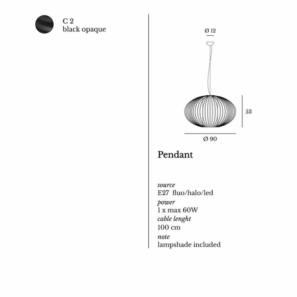 Hanglamp gelakt staal, Ø90xh.53xl.cavo100cm, Joy Viadurini