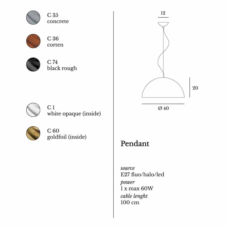 Lamp suspensie in two-tone Ø40x H20x L.cavo100cm staal Light Viadurini