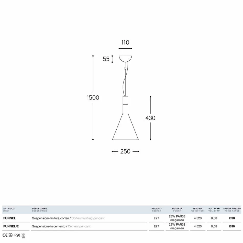 Lamp in cementslurrie Funnel Aldo Bernardi Viadurini