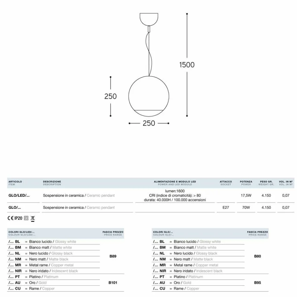Lamp keramische schorsing Globo Aldo Bernardi Viadurini