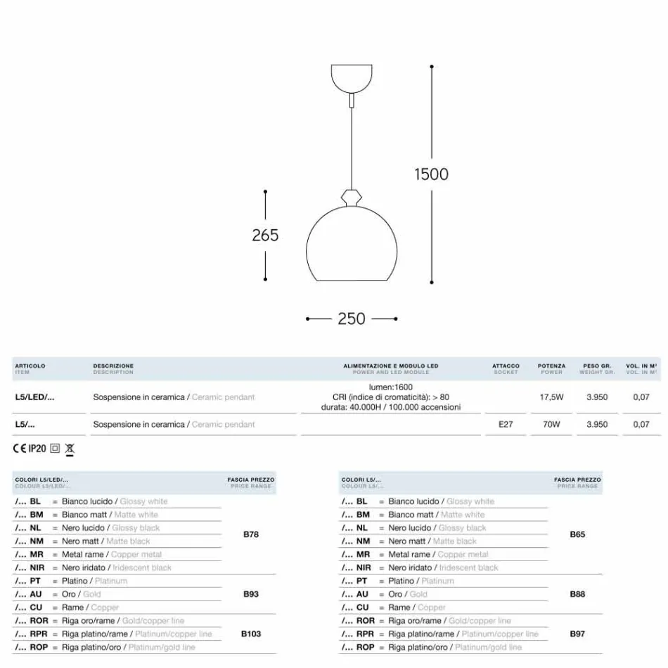 De lamp keramische suspensie Lustri, rozet met twee uitgangen 90 ° Viadurini