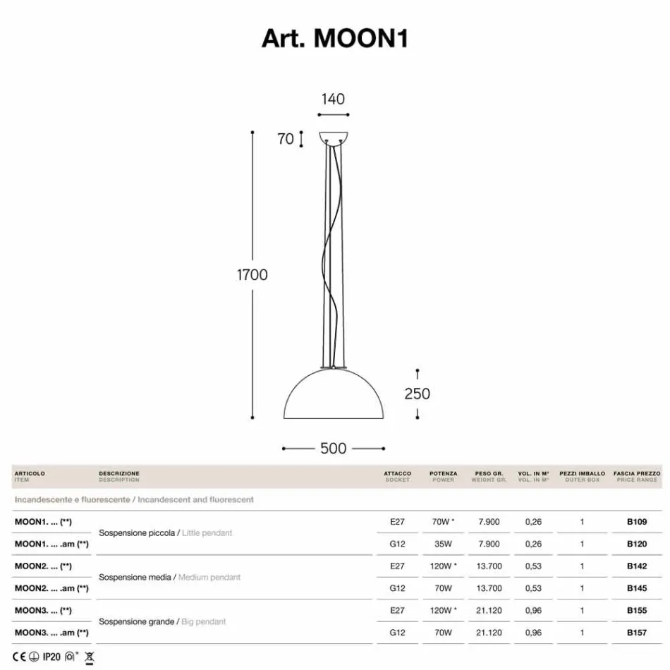 Kleine lamp suspensie in maanlicht stalen Viadurini