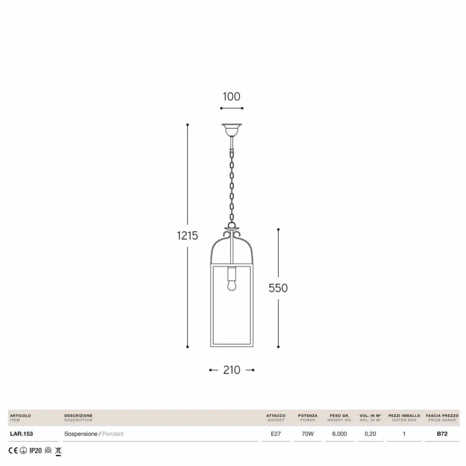 vierkante hanglamp 1 brass licht en vetro Aida Viadurini