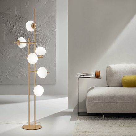 Vloerlamp met LED in goud geverfd metaal en geblazen glas - Ailanto Viadurini