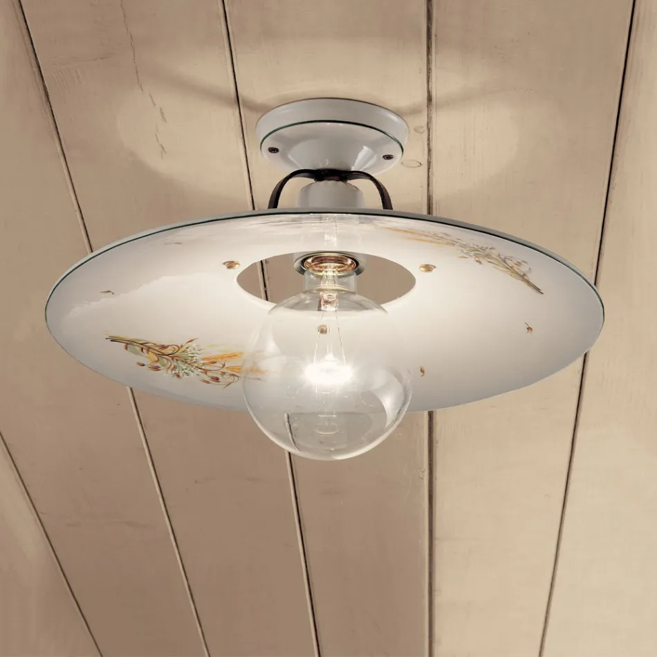 Plafondlamp van ijzer en met de hand gedecoreerd ruw keramiek - Bologna Viadurini