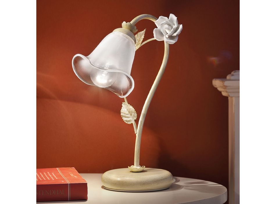 Tafellamp in ijzer en glas met roos van keramiek decoratie - Siena Viadurini
