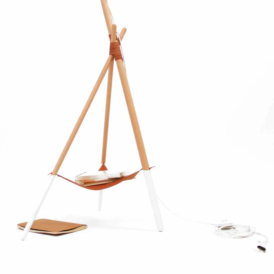 Staande lamp in hout en metaal met details in veganistisch leer - Avetta Viadurini