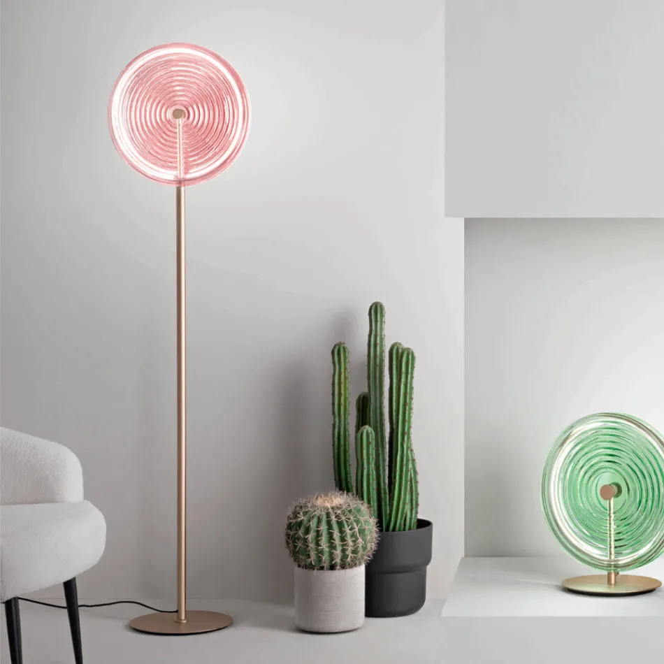 Vloerlamp van metaal en glas versierd met concentrische lijnen - Hackberry Viadurini