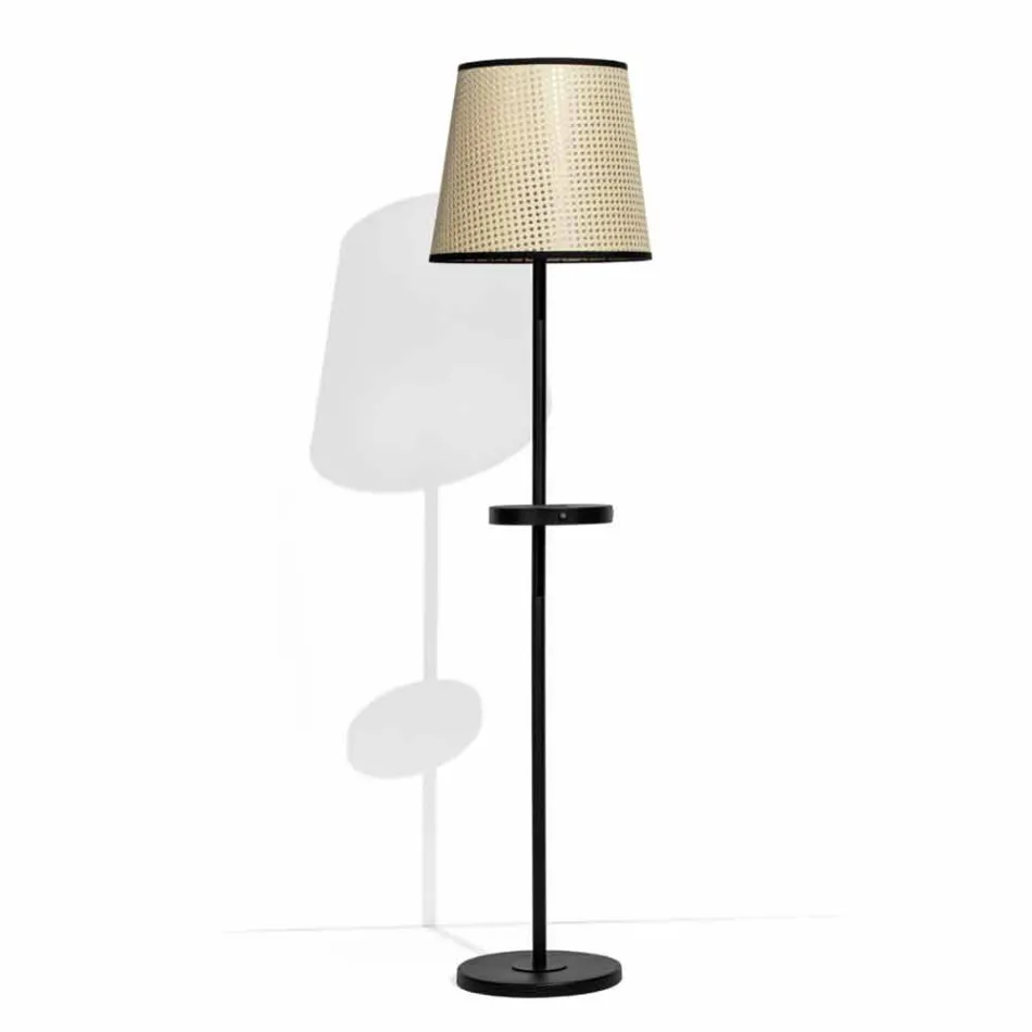 Staande lamp in zwart metaal en rotan met plank Made in Italy - Livia Viadurini