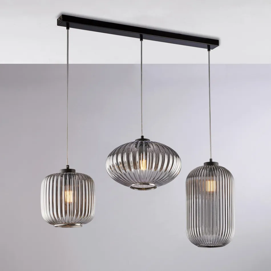 3-lichts lamp met zwart glazen en metalen design voor - Tucana Viadurini