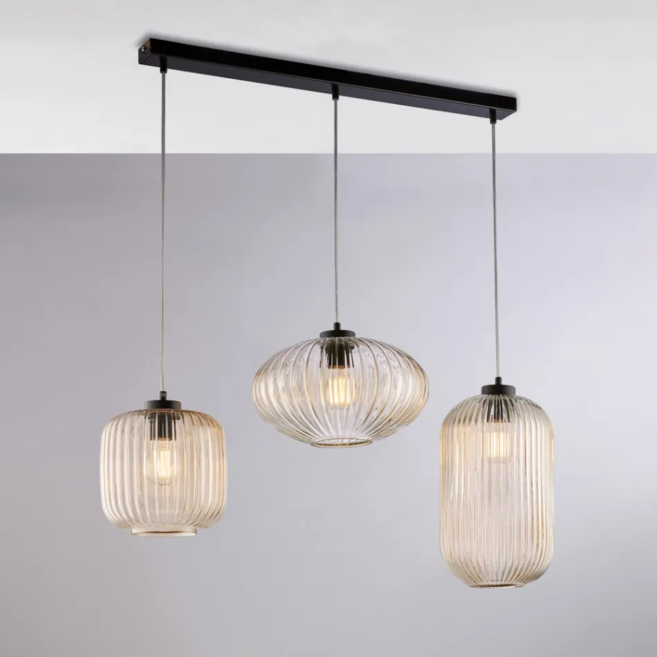 3-lichts lamp met zwart glazen en metalen design voor - Tucana Viadurini