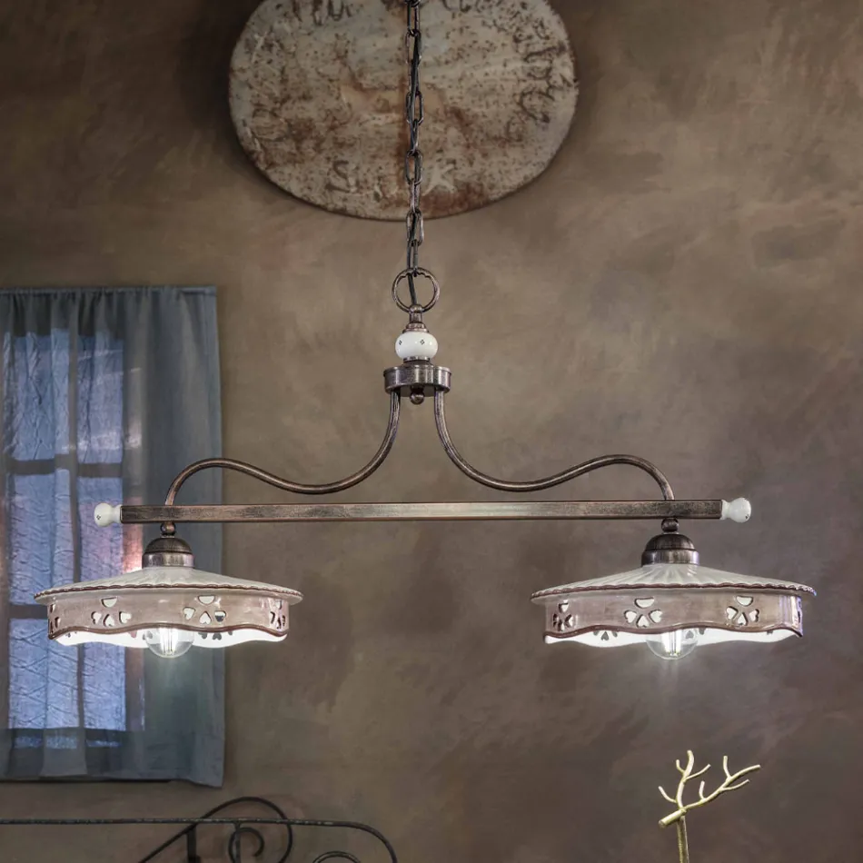 Vintage Hanglamp 2 Lichts in Handgemaakt Ijzer Keramiek - Alessandria Viadurini