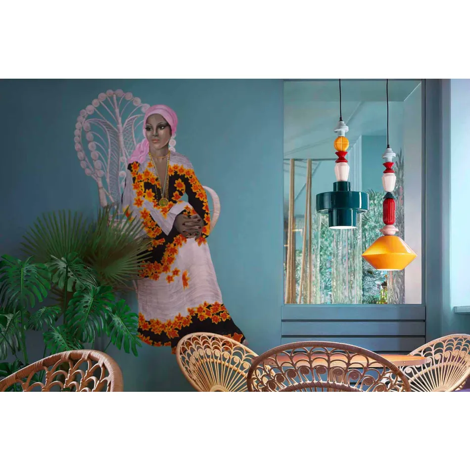 Gele of groene retro keramische hanglamp gemaakt in Italië - Ferroluce Lariat Viadurini