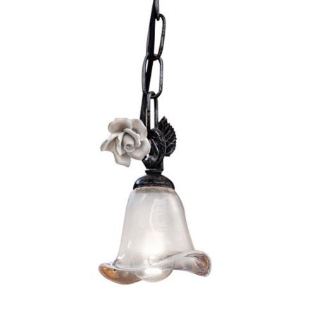 Hanglamp in ijzer en glas met roos van keramiek decoratie - Siena Viadurini