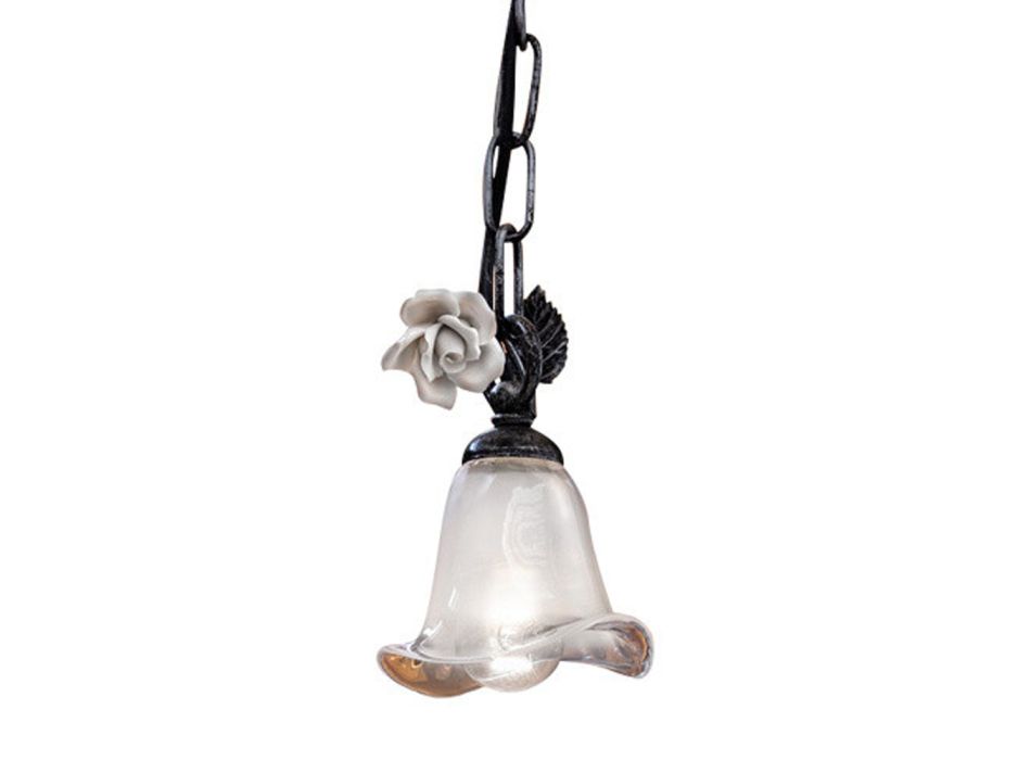 Hanglamp in ijzer en glas met roos van keramiek decoratie - Siena Viadurini