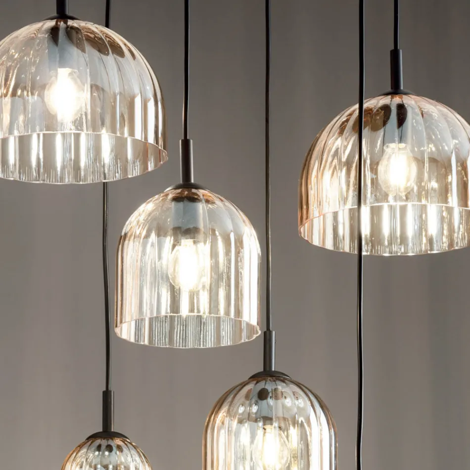 Hanglamp in geblazen gestreept glas en geverfd metaal - Giuliano Viadurini