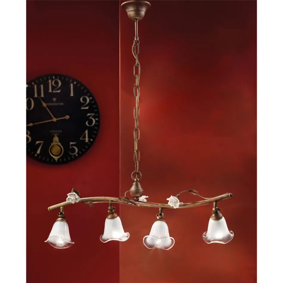 Lineaire pendellamp 4-lichts in ijzer, glas en keramische rozen - Siena Viadurini