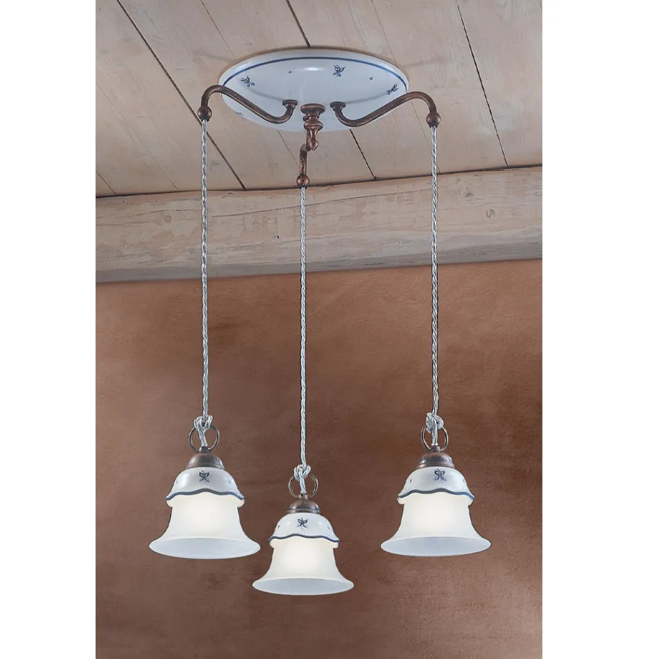 Ronde hanglamp in ijzer, glas, handbeschilderd keramiek - Ferrara Viadurini