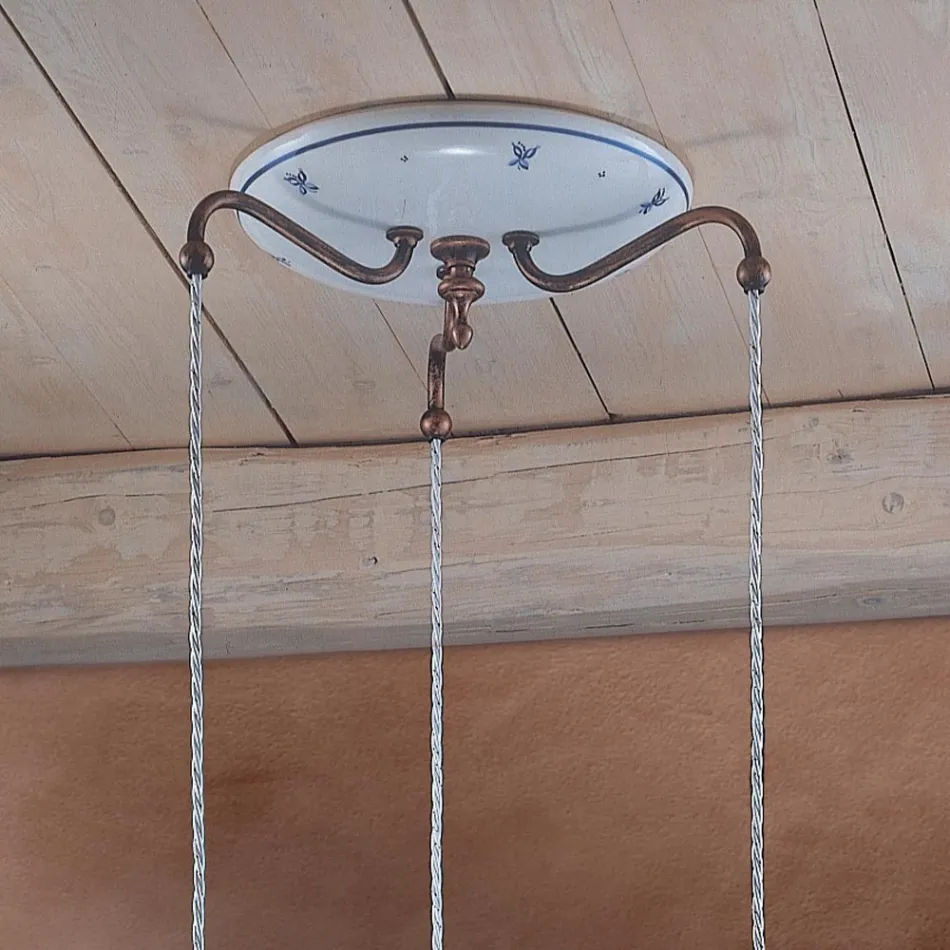 Ronde hanglamp in ijzer, glas, handbeschilderd keramiek - Ferrara Viadurini