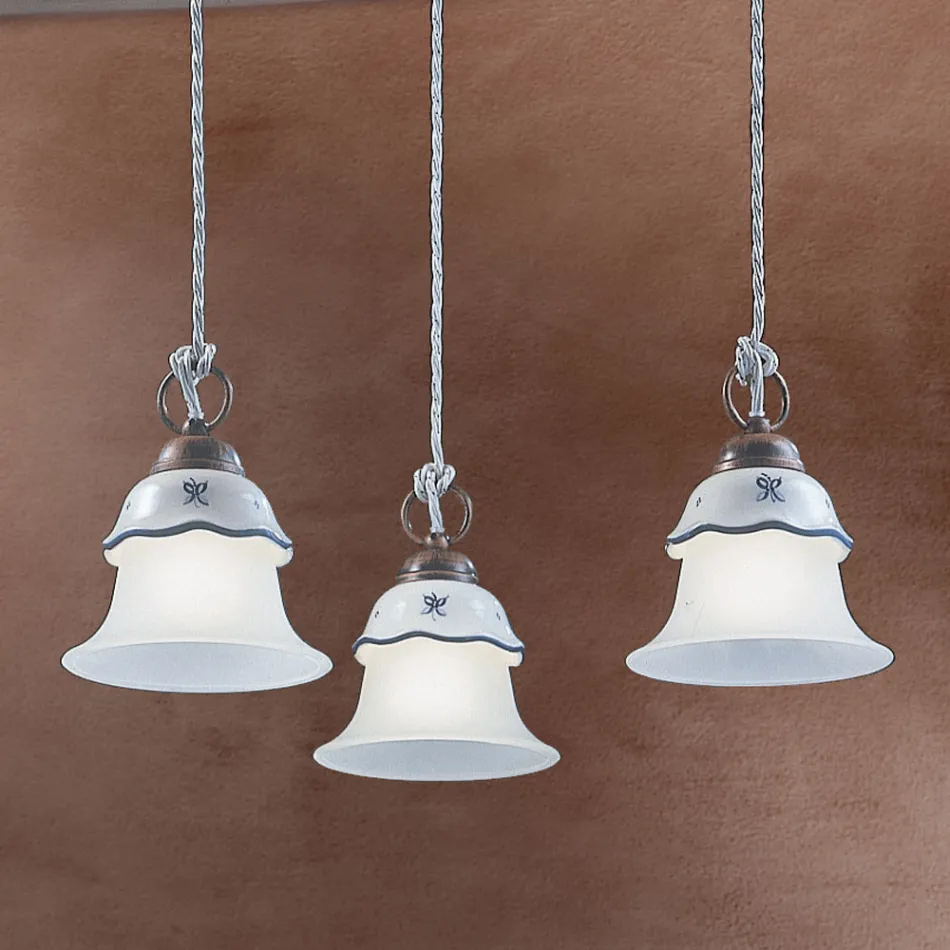 Ronde hanglamp in ijzer, glas, handbeschilderd keramiek - Ferrara Viadurini