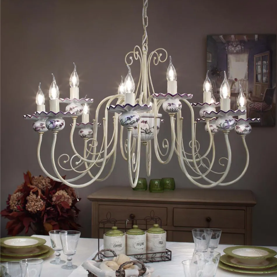 12 lichts kroonluchter in keramiek hand decor en antiek messing - Sanremo Viadurini