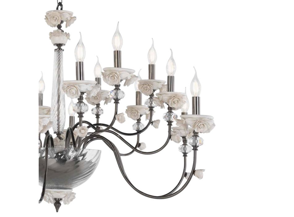 Klassieke 18-lichts kroonluchter in porselein en luxe geblazen glas - Eteria Viadurini